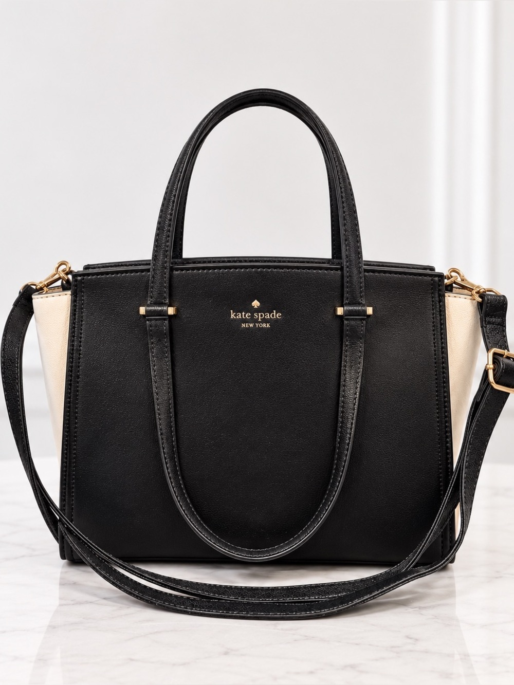 Kate Spade Patterson Driver Satchel Tote Bag Black/White Leather Large EUC